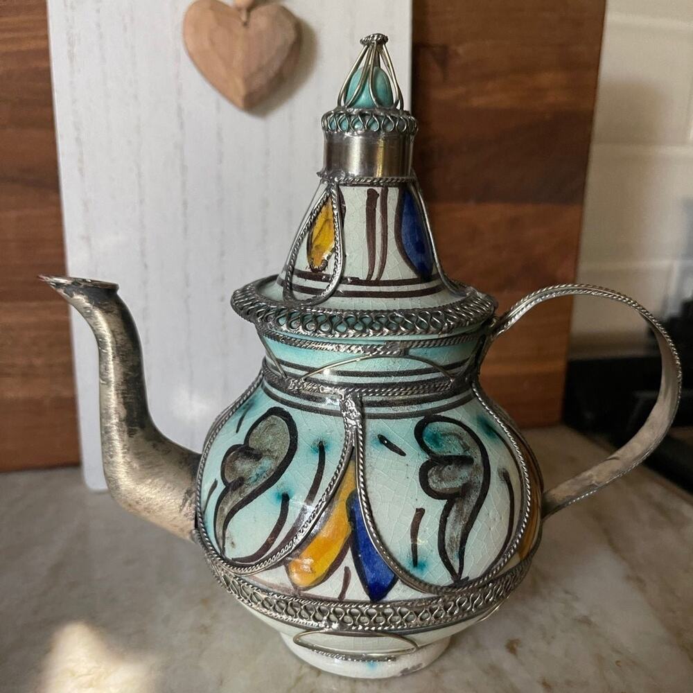 Vintage Moroccan teapot handpainted filigree ornate Beautiful